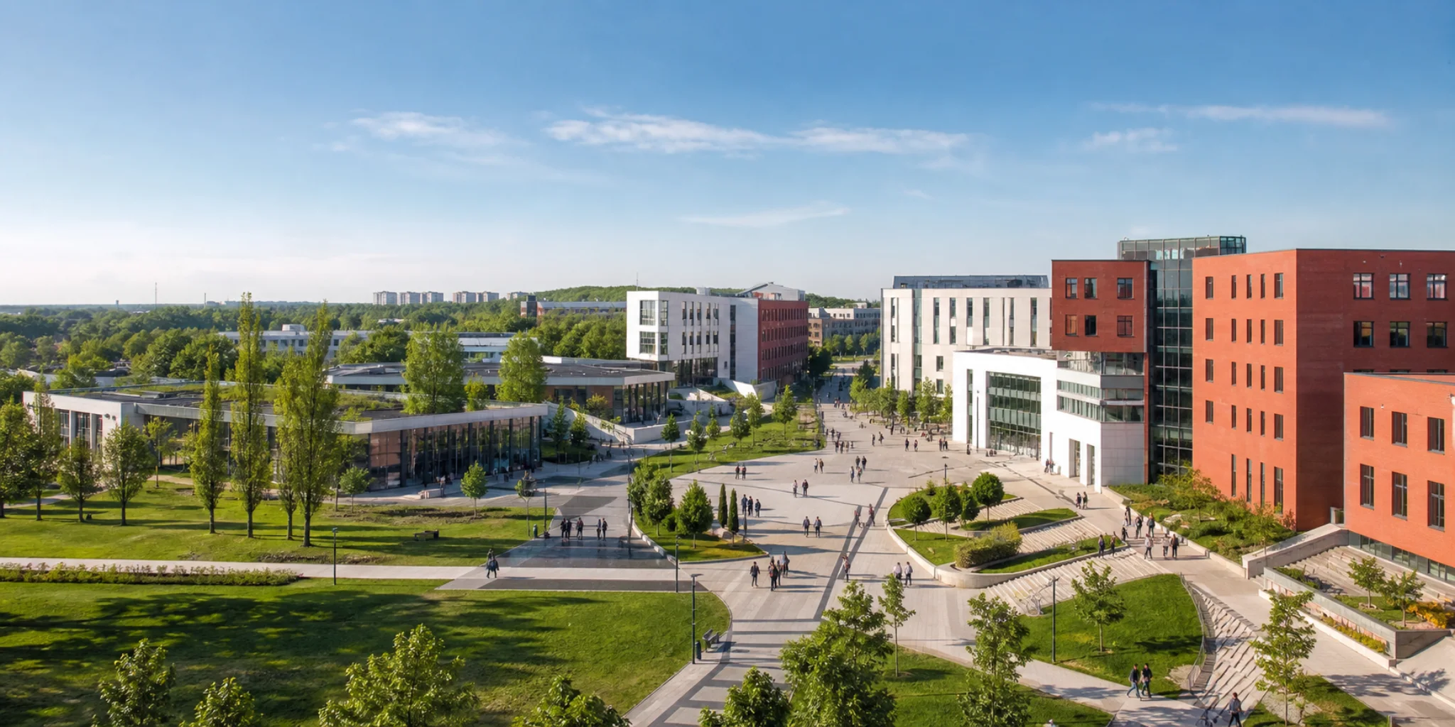 Campus universitar modern, cu clădiri și alei pietonale