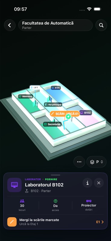 Traseu indoor UniMap afișat între două etaje
